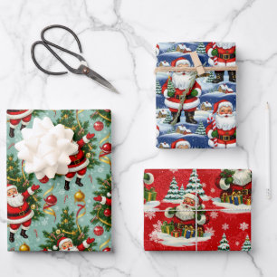 A Trio of Retro Santas Christmas Wrapping Paper Sheet