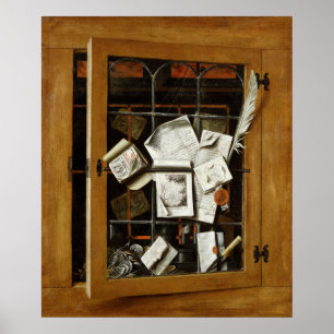 A trompe l'oeil of an open glazed cupboard poster