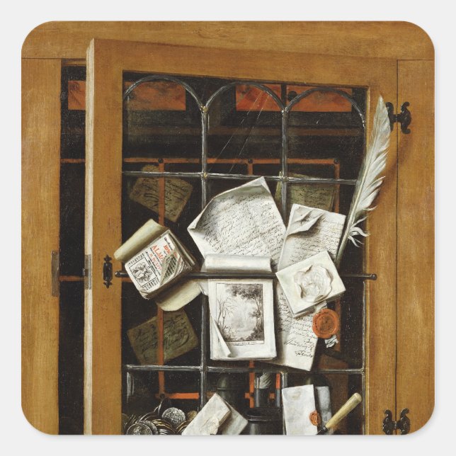 A trompe l'oeil of an open glazed cupboard square sticker (Front)