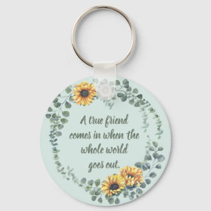 A True Friend Quote Watercolor Floral Frame  Key Ring