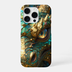 A Turquoise and Gold Dragon Mystical iPhone 16 Pro Case