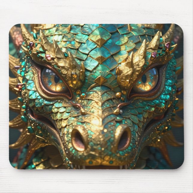 A Turquoise and Gold Dragon Mystical Mouse Mat (Front)