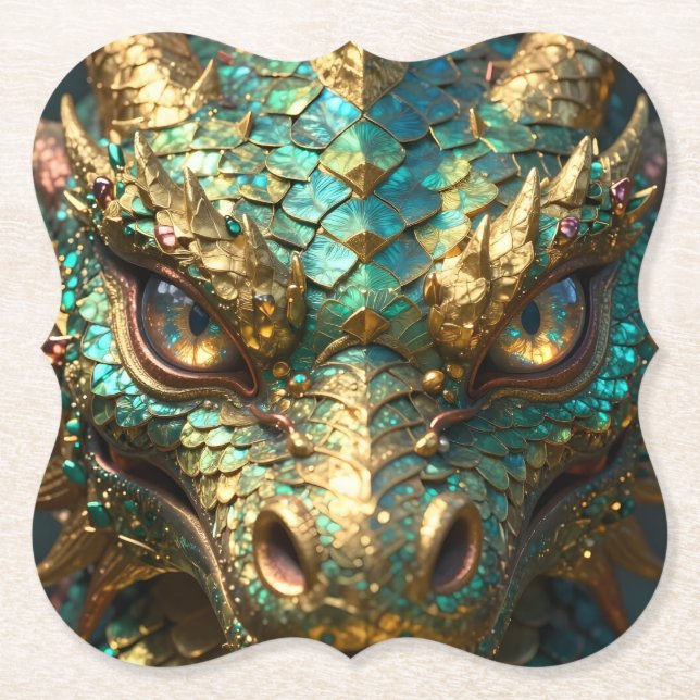A Turquoise and Gold Dragon Mystical Paper Coaster (Front)