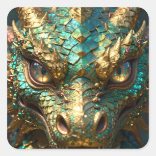 A Turquoise and Gold Dragon Mystical Square Sticker