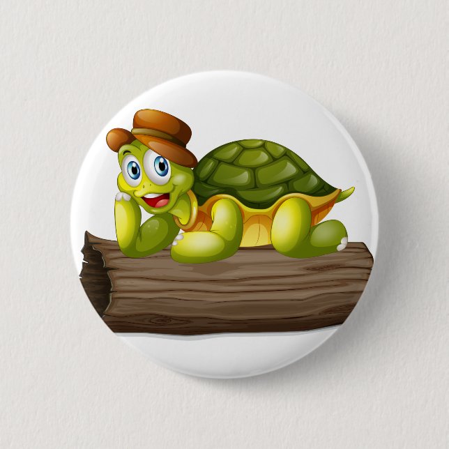 A turtle above a log 6 cm round badge (Front)