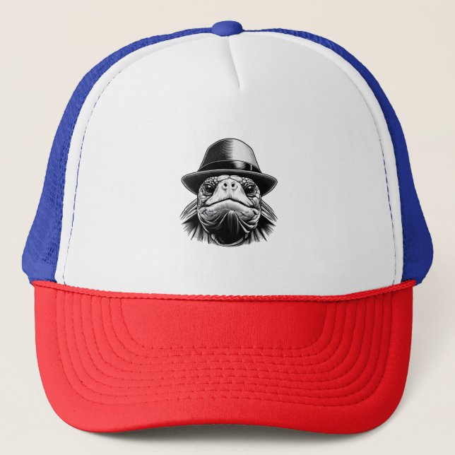 A turtle with a hat, a classic look trucker hat (Front)