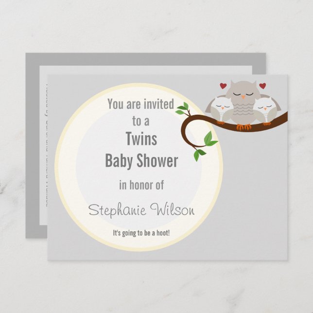 A Twins Hoot Of A Baby Shower Neutrals Invitation (Front/Back)
