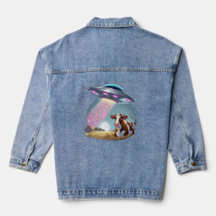 A UFO abducting a cow, with the beam made of spark Denim Jacket