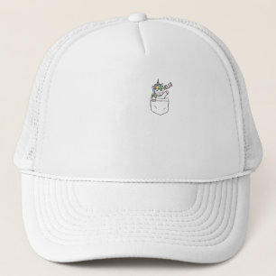 A unicorn peeks out of a pocket trucker hat