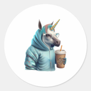 A unicorn with a hoodie drinks a coffee. 1 classic round sticker