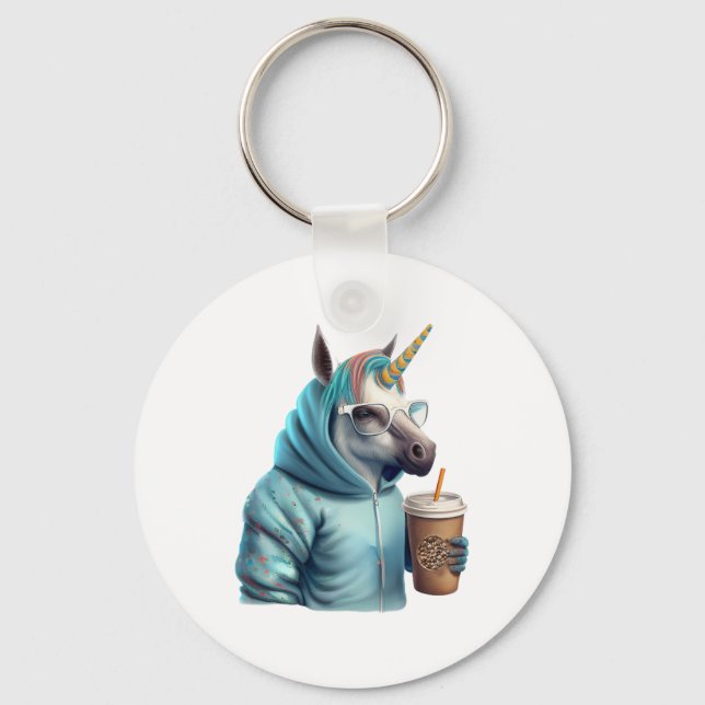 A unicorn with a hoodie drinks a coffee. 1 key ring (Front)