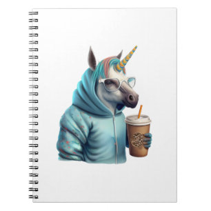 A unicorn with a hoodie drinks a coffee. 1 notebook