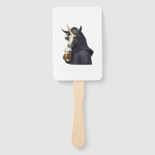 A unicorn with a hoodie drinks a coffee. hand fan