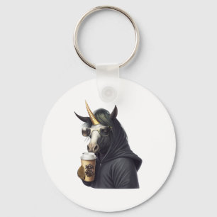 A unicorn with a hoodie drinks a coffee.  key ring