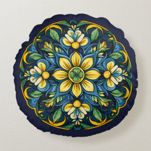 💚💙💛 A Unique Azulejo Elegance: Midnight Garden Round Cushion