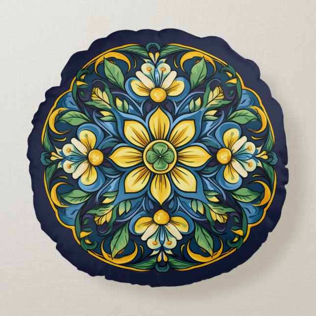 💚💙💛 A Unique Azulejo Elegance: Midnight Garden Round Cushion (Front)