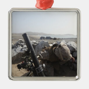 A US Marine fires a mortar in Salinas, Peru Metal Tree Decoration