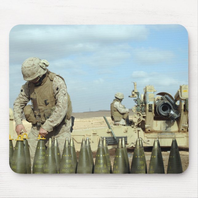 A US Marine prepares howitzer rounds to be fire Mouse Mat (Front)