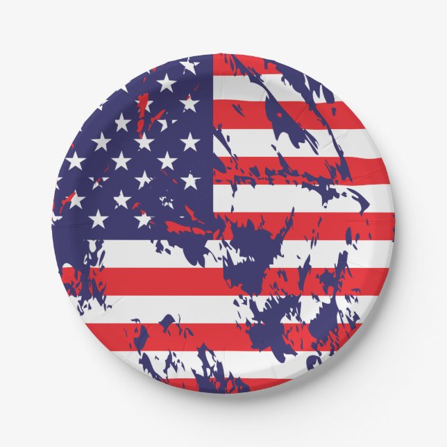 A USA Flag in a Distressed Pattern Paper Plate (Front)