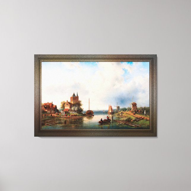 A Vast River Landscape With Windmills Canvas Print (Front)