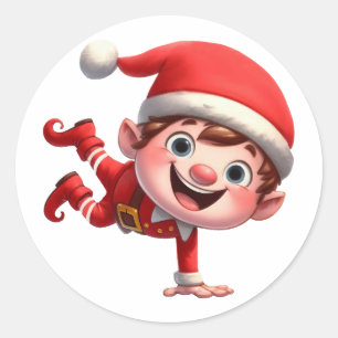 A very happy Christmas Elf doing a hand stand Classic Round Sticker