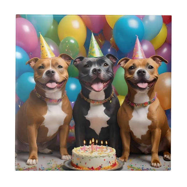 A Very Happy Staffy Birthday With Cake, Tile (Front)