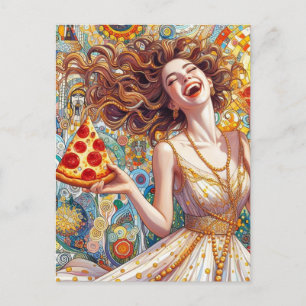 A Very Happy Woman With Pizza Postcard