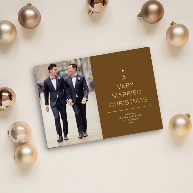 A Very Married Christmas Dark Mustard Gold Foil Holiday Card (Creator Uploaded)