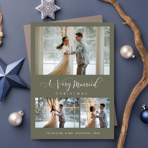 A Very Married Christmas Sage Green Script 3 Photo Holiday Card