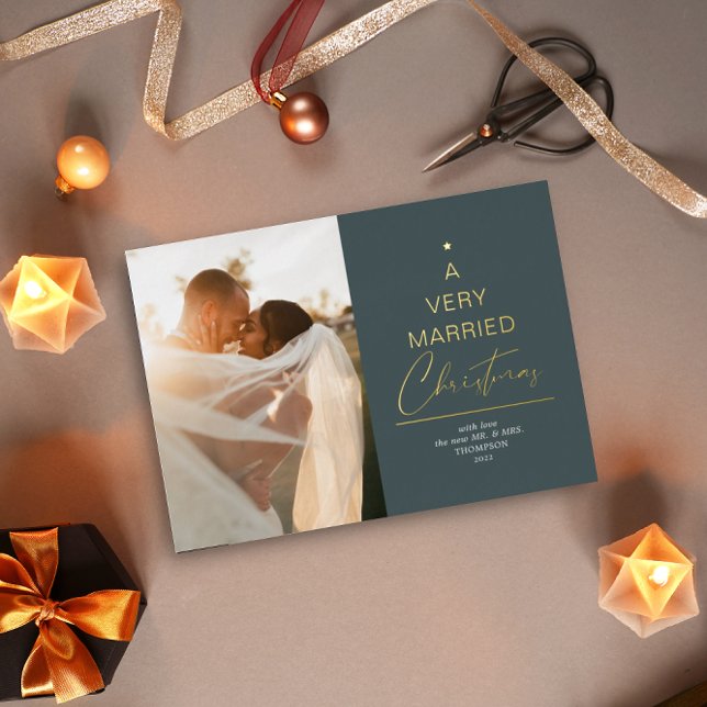 A Very Married Christmas Script Green Gold Foil Holiday Card (Creator Uploaded)