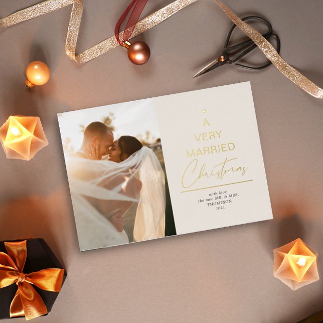 A Very Married Christmas Script Ivory Gold Foil Holiday Card (Creator Uploaded)