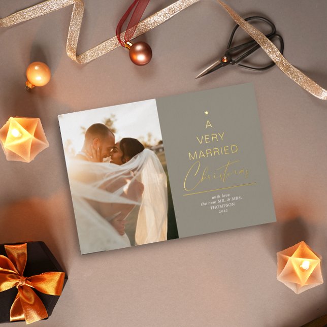 A Very Married Christmas Script Taupe Gold Foil Holiday Card (Creator Uploaded)