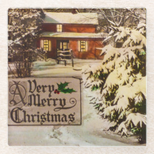 A Very Merry Christmas Classic Traditional Winter Glass Coaster
