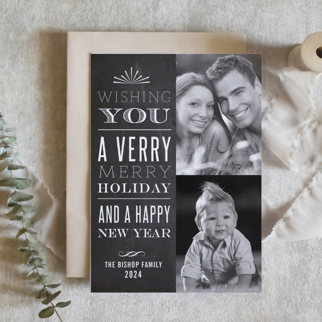 A Very Merry Christmas Faux Chalkboard Two Photo Holiday Card (Creator Uploaded)