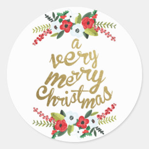 A Very Merry Christmas Floral Gold Classic Round Sticker