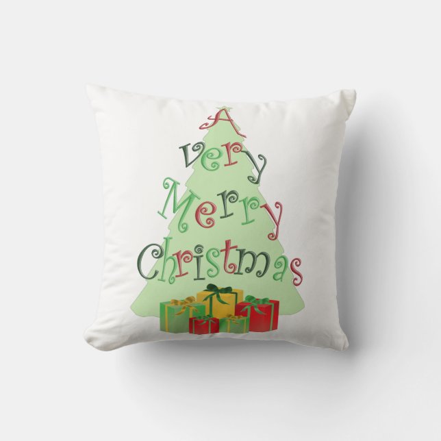 A Very Merry Christmas Pillow with Tree and Gifts (Front)