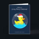 A Very Merry Christmas Snowglobe Rubber Duck Card<br><div class="desc">It's a cute design on a dark blue background. In the foreground,  a snowglobe with a cute yellow rubber duck -wearing a Santa cap- floating merrily. You may edit the wish and the background colour.

At the back of the card,  a kawaii snowman face with a carrot nose.</div>