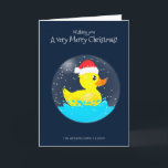 A Very Merry Christmas Snowglobe Rubber Duck Card<br><div class="desc">It's a cute design on a dark blue background. In the foreground,  a snowglobe with a cute yellow rubber duck -wearing a Santa cap- floating merrily. You may edit the wish and the background colour.

At the back of the card,  a kawaii snowman face with a carrot nose.</div>