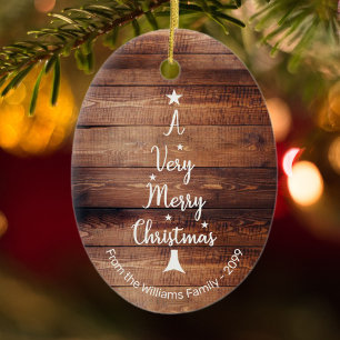 A Very Merry Christmas tree on rustic wood Ceramic Tree Decoration