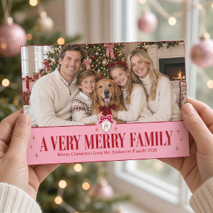 A Very Merry Family Pink Bow Crest Christmas Photo Holiday Card