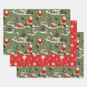 A Very Retro Merry & Bright Santas Wrapping Paper Sheet