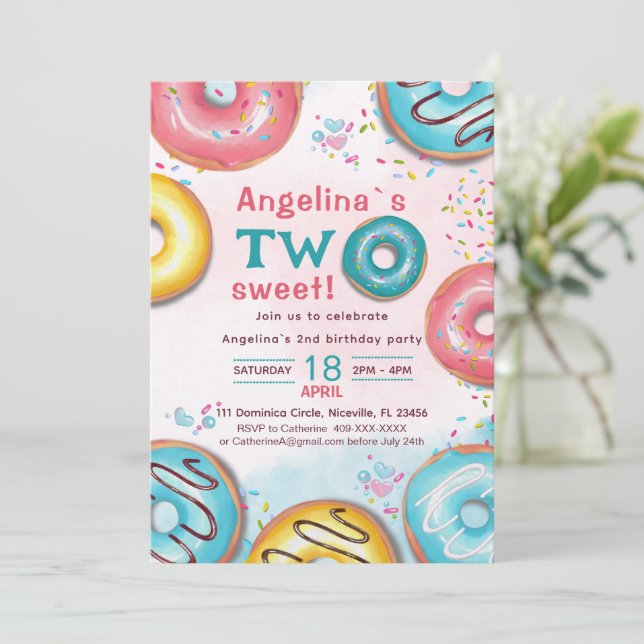 A vibrant 2nd birthday invitation with donuts.  (Standing Front)