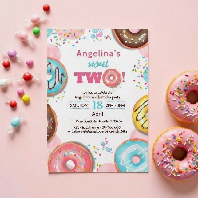 A vibrant 2nd birthday invitation with donuts.  (Creator Uploaded)