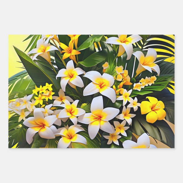 A vibrant arrangement of white and yellow plumeria wrapping paper sheet (Front)