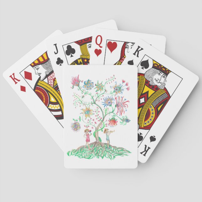 A vibrant drawing depicts a fantasy tree playing cards (Back)