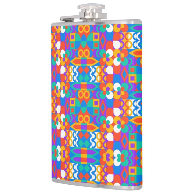 A vibrant flask featuring a colourful geometric  (Left)