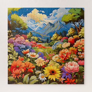 A vibrant floral landscape jigsaw puzzle
