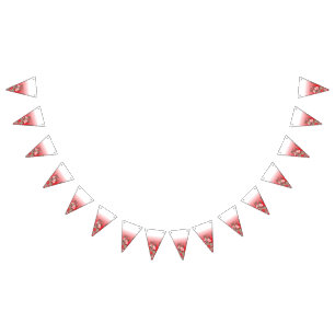 A vibrant graphic design features a red, patterned bunting
