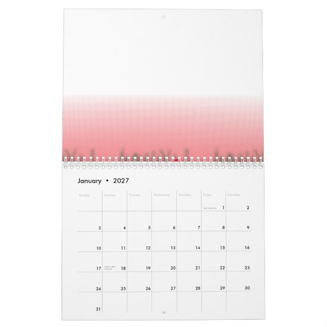 A vibrant graphic design features a red, patterned calendar (Jan 2027)