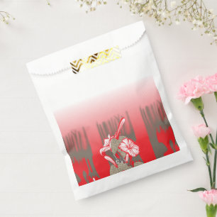 A vibrant graphic design features a red, patterned favour bags